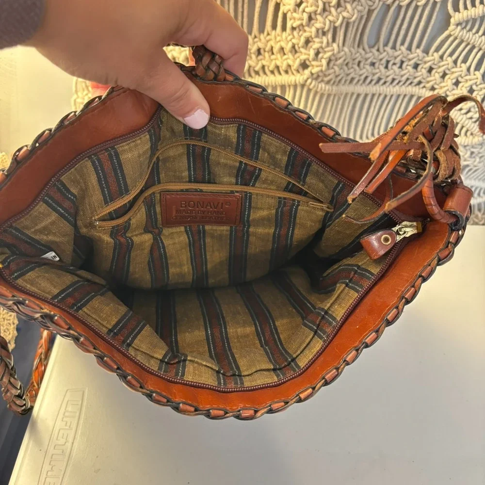 VTG BONANI Basket Weave Leather Crossbody Shoulder Bag‎ Purse Boho Unique